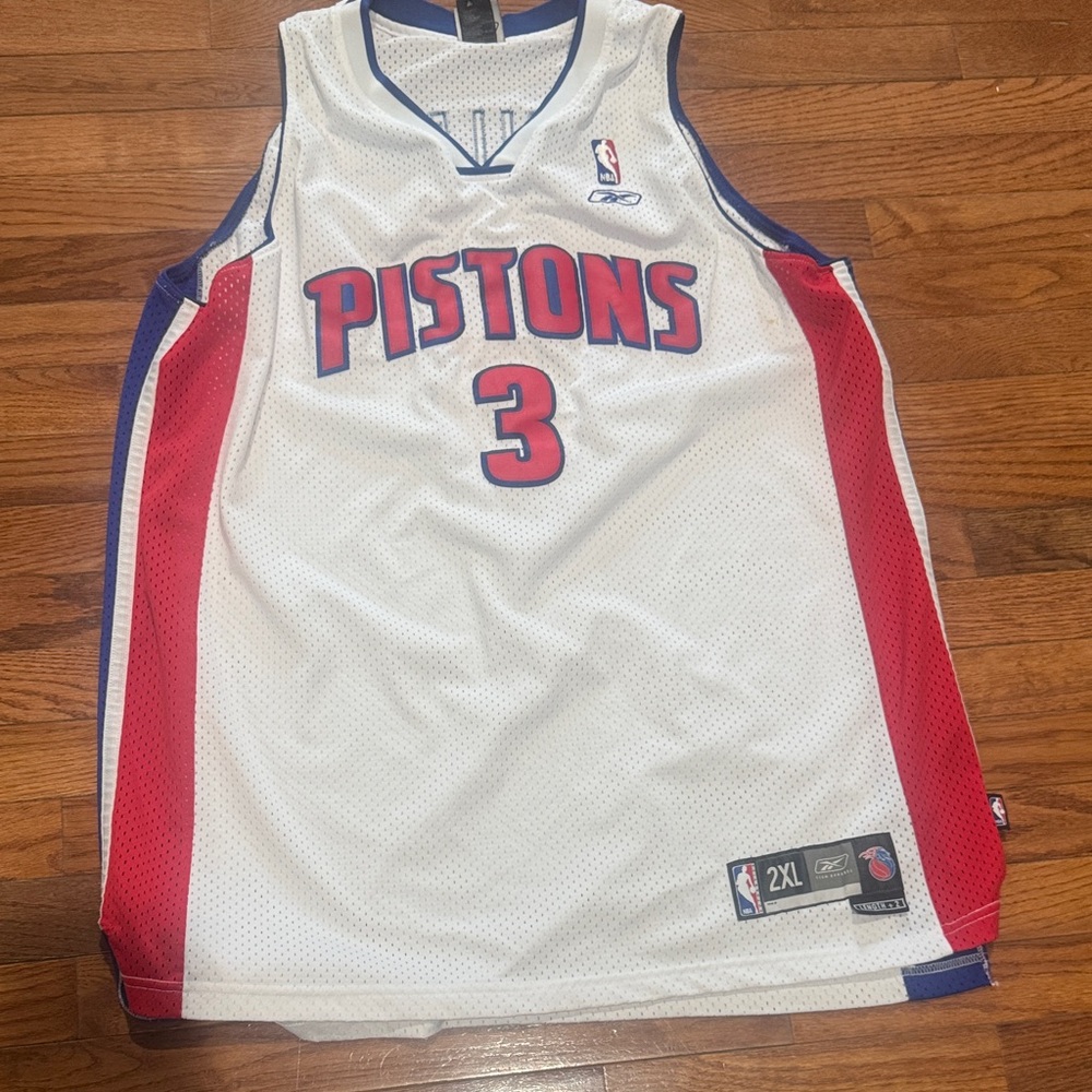 Reebok White and Red Pistons Jersey